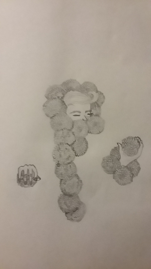 drowning in pompoms pencil sketch